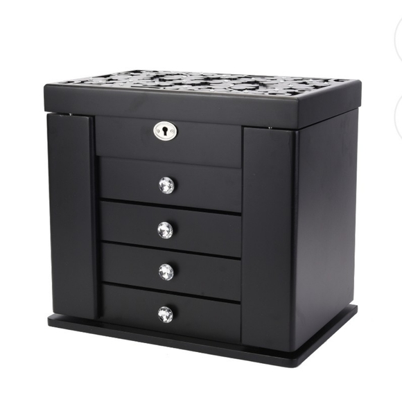 NEW Black Wooden Carved Flower with Crystals 5 Tier Jewelry Box w/Lock - Picture 2 of 8